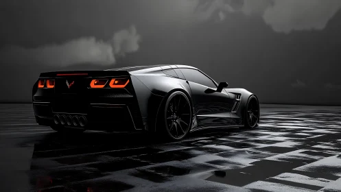 Photorealistic black supercar on wet reflective night surface.