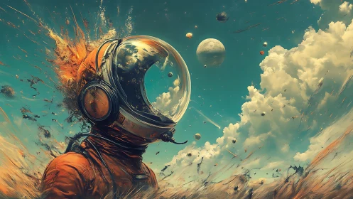 Cosmic voyager in explosive nebula skyscape portrait.