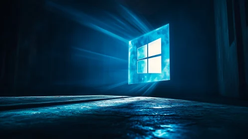Glowing blue window icon casting light across dark floor.