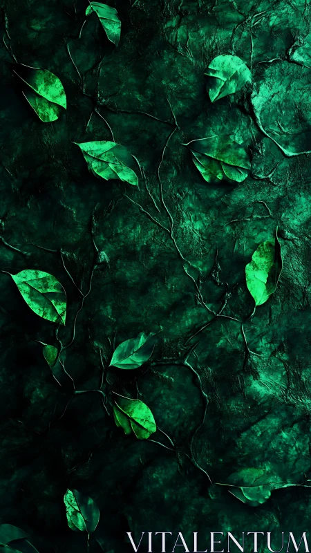 Textured emerald vine network on dark organic substrate.