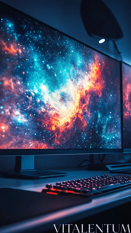 Ultrawide monitor desk setup with nebula display image.