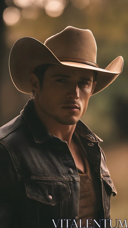 Weathered cowboy portrait in shallow-depth warm backlight.