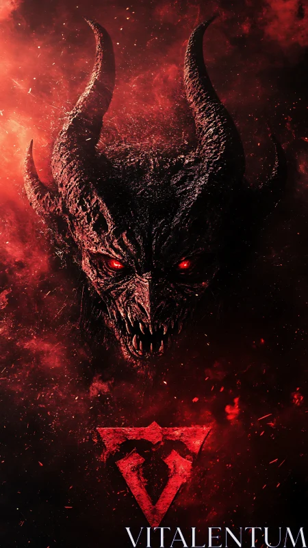 Demonic horned skull rendered in high contrast red particle haze