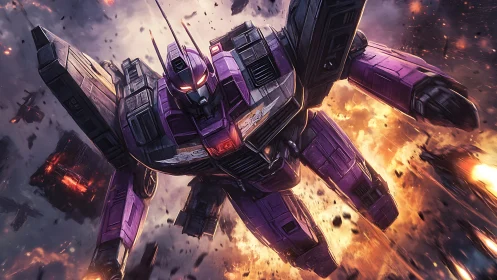 Purple space mech diving through a fiery cosmic battle.