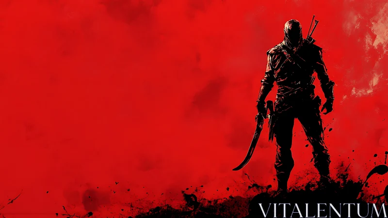 Blood-red horizon stalked by lone shadowed swordsman.