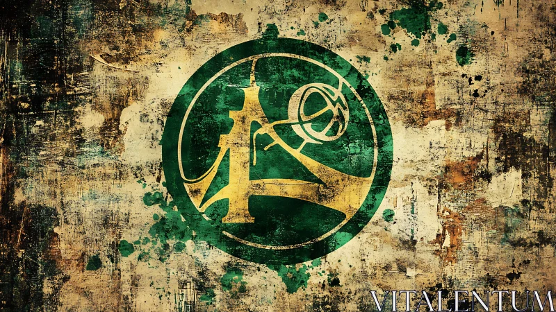 Grunge emblem composition with circular sigil overlayed on patinaed ground.