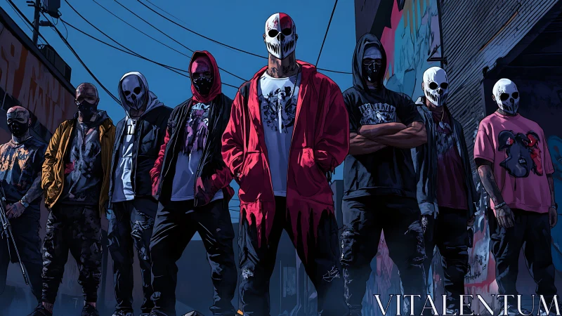 Masked street group in urban alley under overhead cables.