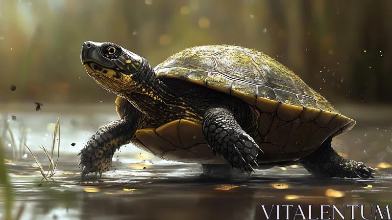 Golden-lit freshwater turtle crossing reflective shallows.