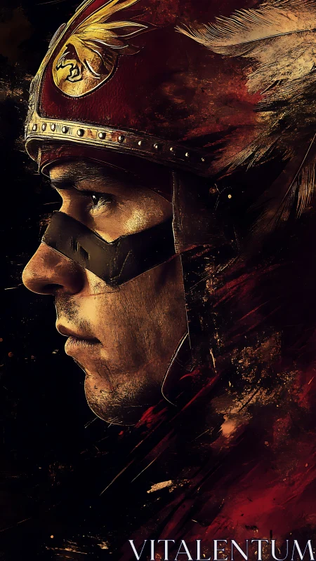 Warrior profile portrait with crimson helm and gold crest.