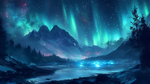 Enchanted mountain lake under luminous aurora night sky.