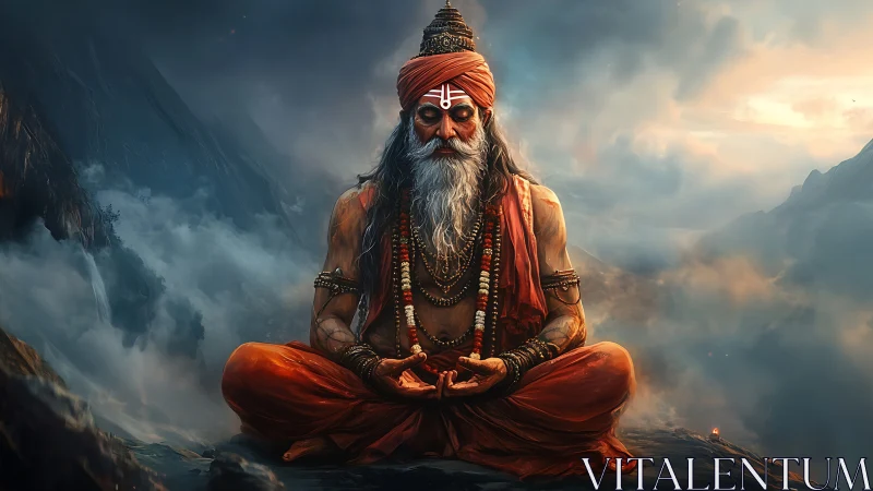 Mountain sage rests in deep meditation above drifting clouds