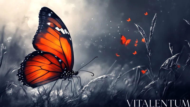 Large orange butterfly in monochrome field at twilight.