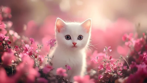 White kitten surrounded by pink flowering plants