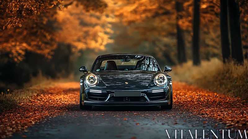 Sports car stands on tree-lined road amid autumn leaves