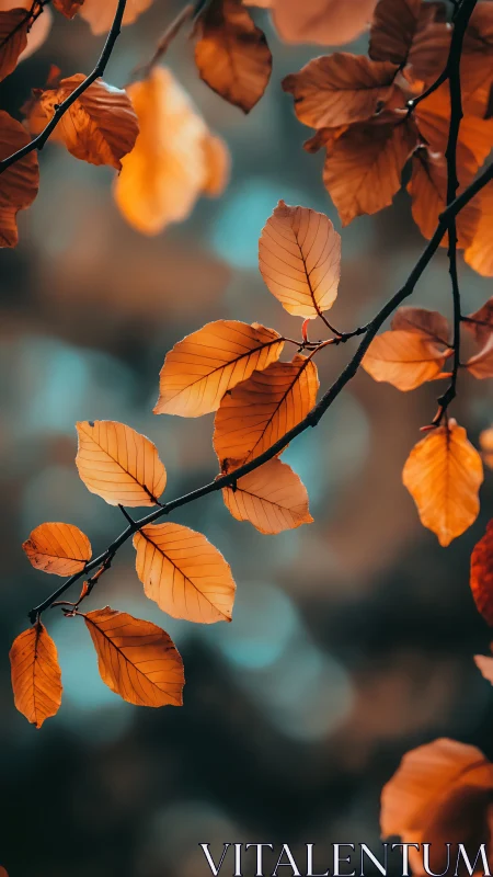 Golden autumn beech leaves on branch against soft bokeh.
