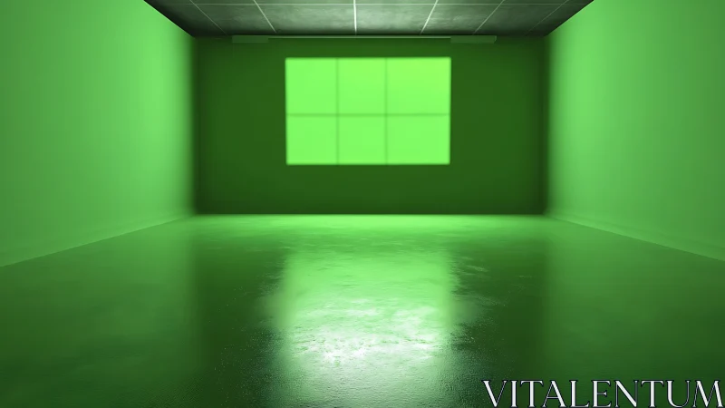 Monochrome green studio interior with reflective epoxy floor.