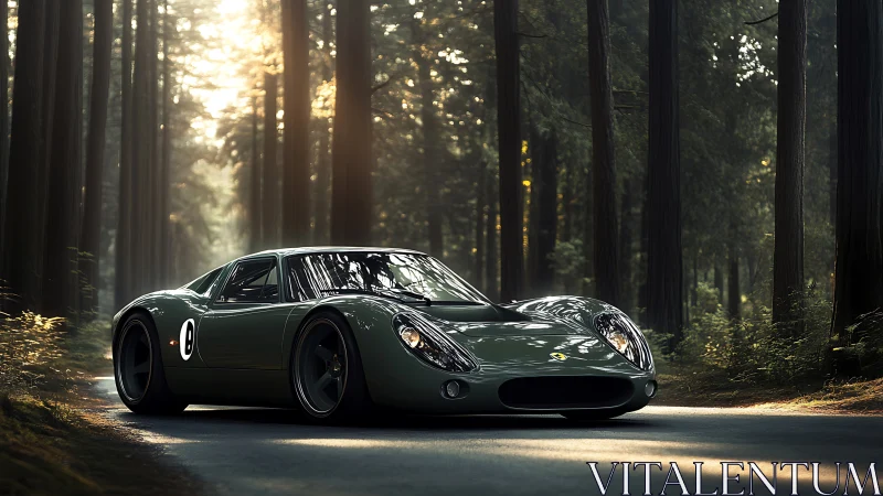 Classic green race car parked on forest road at sunrise.