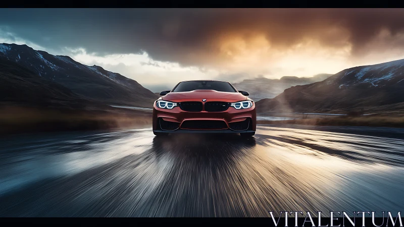 High-speed red sports coupe on wet mountain road at sunset