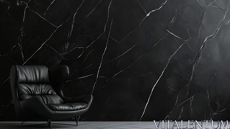 Photorealistic black leather lounge against veined marble wall.