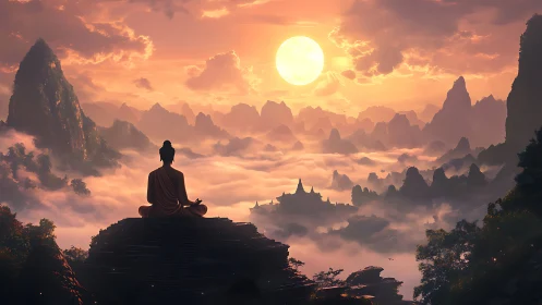 Sunrise sage above cloud temples in ember-kissed peaks.