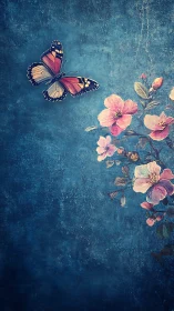 Butterfly in teal dusk above painterly cherry blossoms.