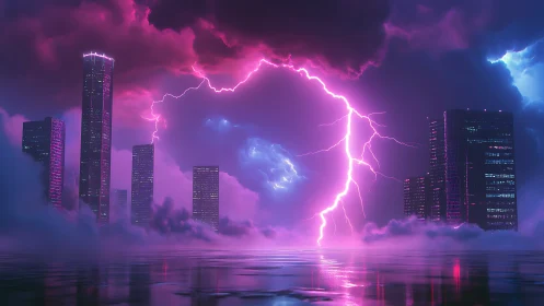 Neon lightning fractures a futuristic skyline in dense vapor