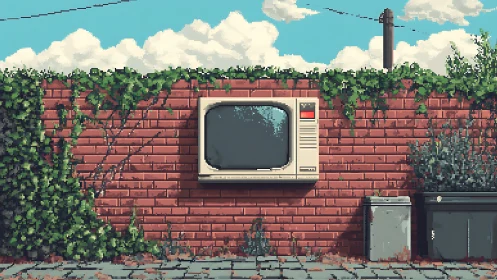 Retro pixel TV on ivy brick wall under bright summer sky.