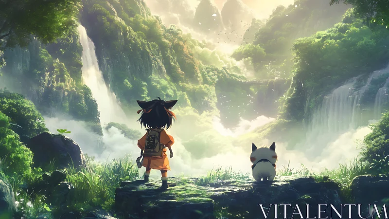 Child and animal observe mist-covered valley with waterfalls