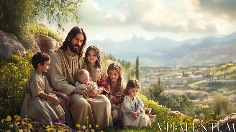 Pastoral spiritual figure with children in luminous valley landscape