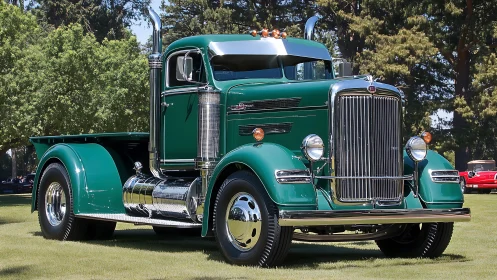 Vintage green semi truck in polished show-condition profile shot.