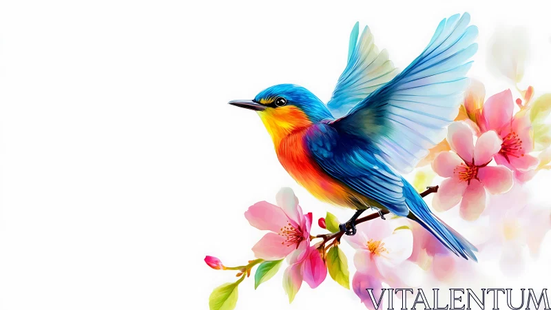 Vibrant bluebird perched on cherry blossoms in watercolor style.