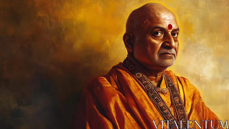 Warmly lit spiritual elder in deep saffron robes.