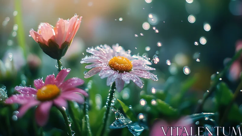 Pink daisies in fresh rain with bright water droplets.