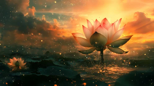 Radiant lotus bloom emerging in cinematic golden sunset water.