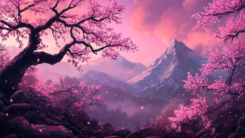 Blossom-kissed mountains under a dreamy violet sunrise.