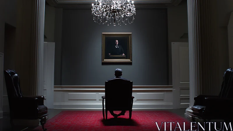 Solitary figure contemplating a portrait in stately hall.