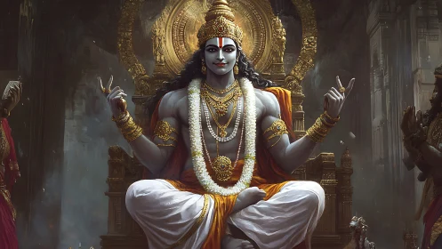 Divine monarch in marigold light upon an ancient throne.