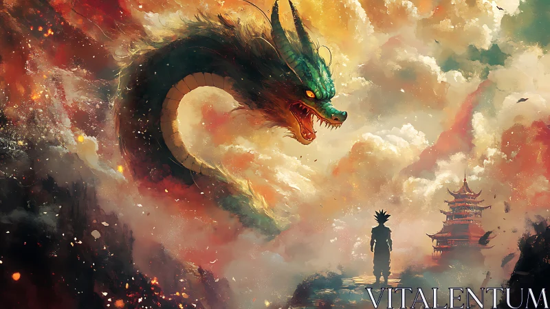 Dragon confronts lone warrior in stormy fantasy sky