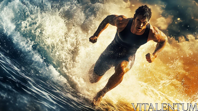 High-speed male athlete sprinting through dynamic ocean spray