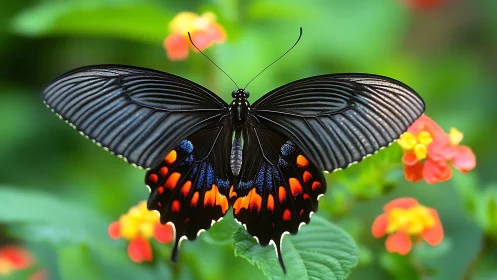 Black butterfly with orange spots on green foliage.