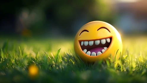 Laughing yellow emoji ball on sunny green grass field.