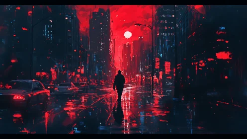 Midnight wanderer walks through a neon drenched red city
