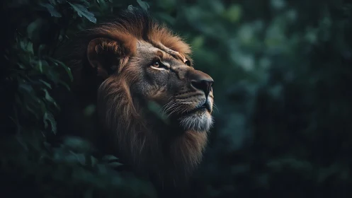 Majestic lion gazes softly through deep emerald jungle shade