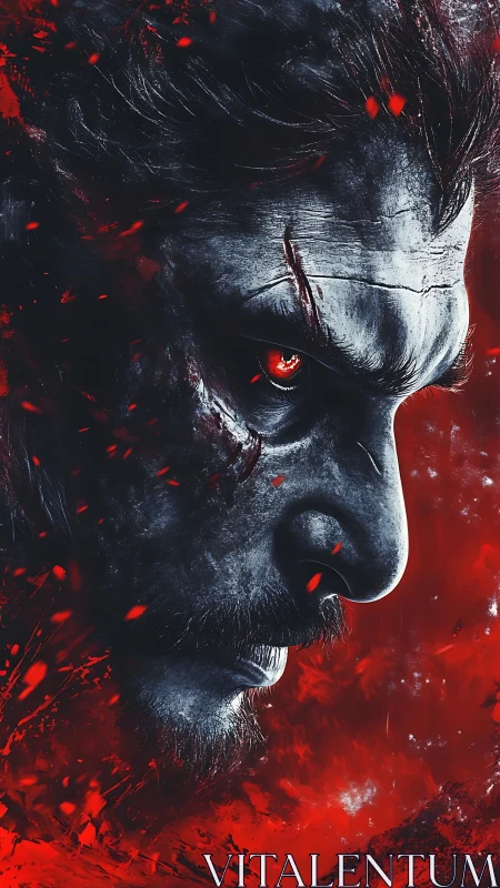 Infernal warrior profile with embers, scarred grayscale visage