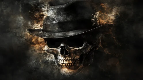 Human skull in fedora hat against dark textured backdrop.
