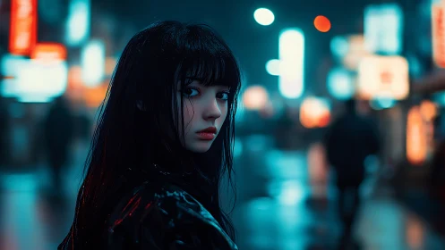 Neon drenched city street portrait with reflective rain