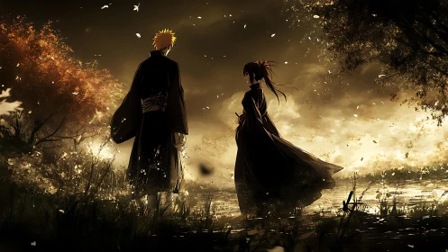 Two robed figures by reflective water at dusk in autumn.