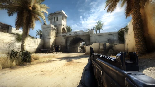 First person rifle view surveys sunlit desert fortress gate