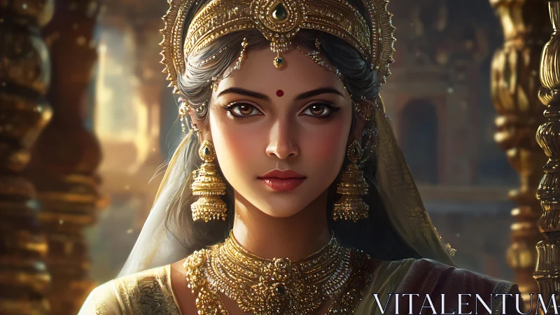 Digital painting portrait of regal Indian queen in temple setting.