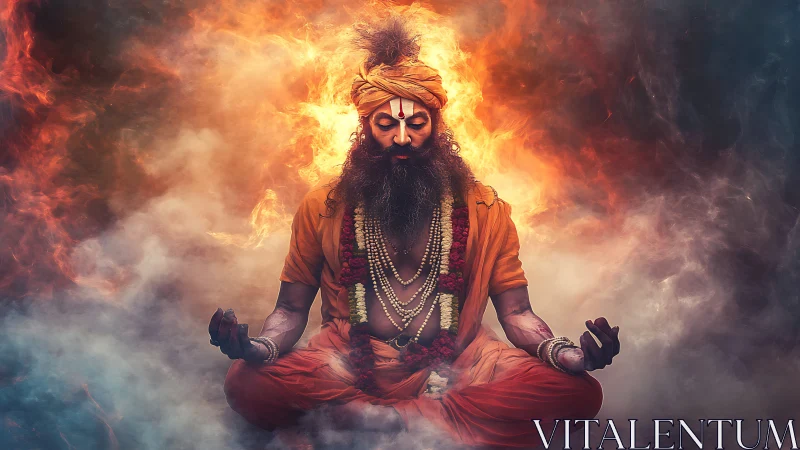 Meditating holy man surrounded by swirling fire and smoke.